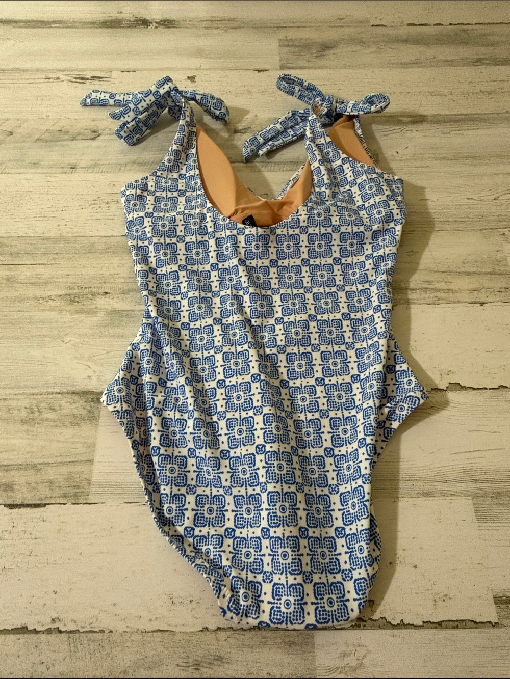 J. Crew Light Blue Patterned One-Piece Swimsuit with Tie Shoulders NWT - Picture 4 of 6